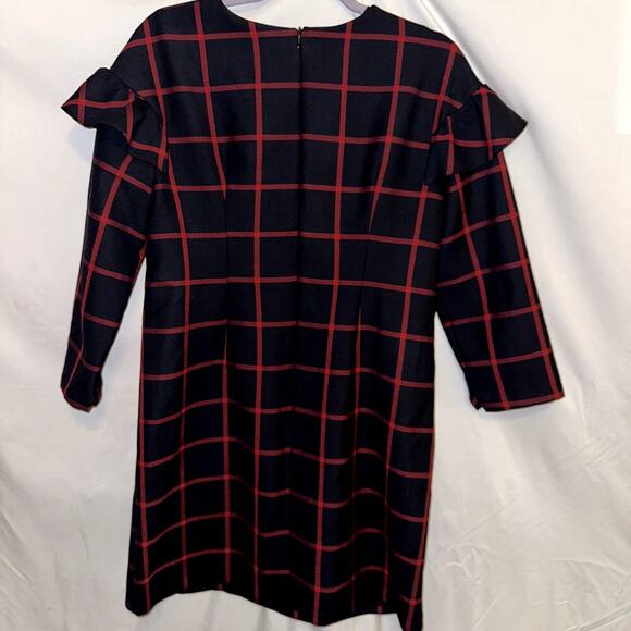ZARA TRAFALUC Mini Dress Plaid Ruffle Shift Navy Blue Red Womens LG Long Sleeve - Picture 5 of 9
